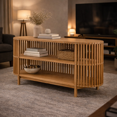 slatted wood console table