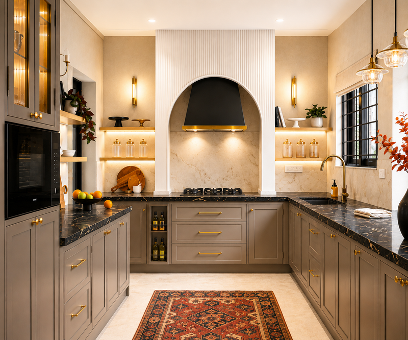 Modern kitchen with gray cabinets, black countertops, and decorative rug.