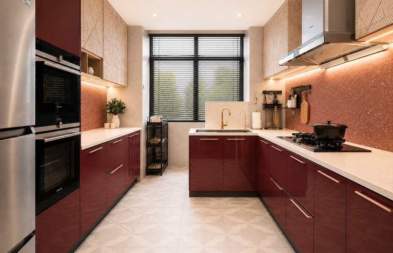 Modern kitchen with red cabinets, stainless steel appliances, and a large window.