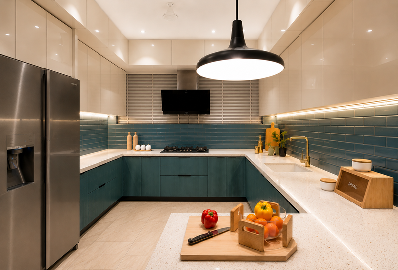Modern kitchen with stainless steel appliances and blue cabinets