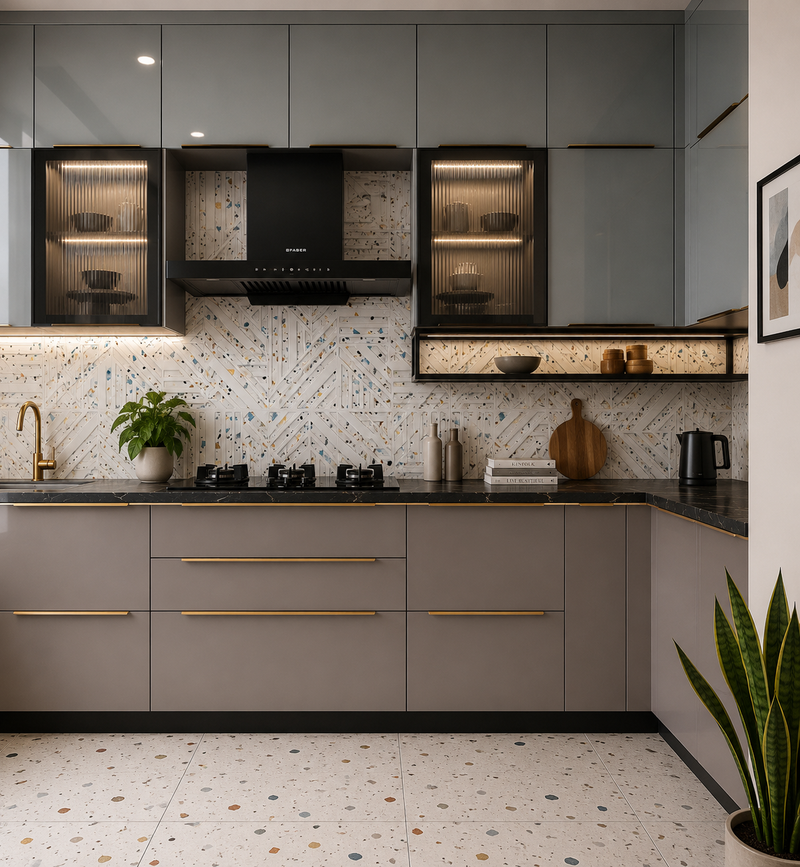 Modern kitchen with gray cabinets, black countertops, and decorative elements.