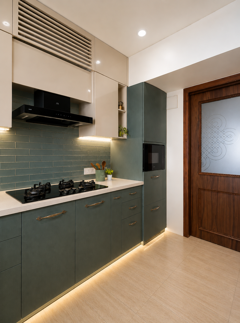Modern kitchen with green cabinets, white countertops, and a wooden door.