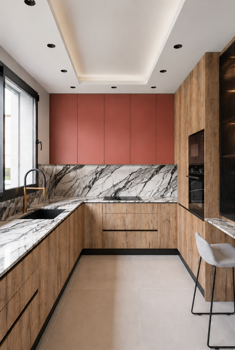 Modern kitchen with wooden cabinets, marble countertops, and red wall panels.