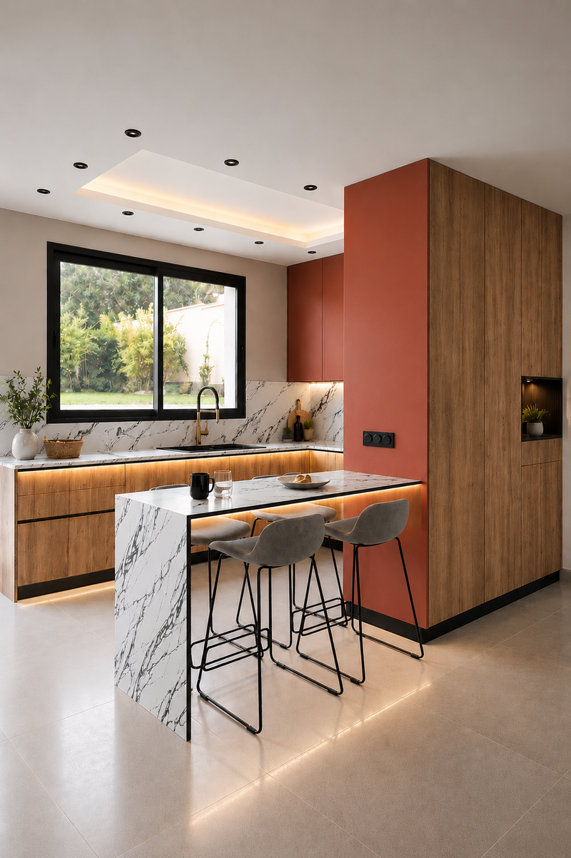 Modern kitchen with marble island and bar stools, featuring a pink accent wall.