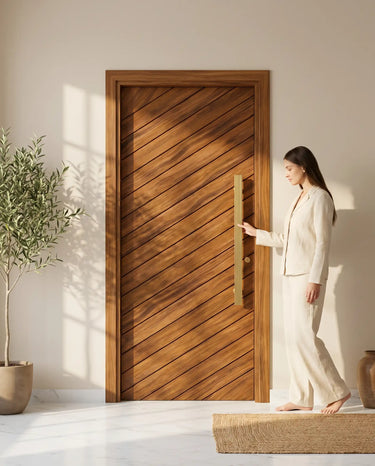Modern walnut wooden front door with diagonal plank pattern installed in a contemporary home, featuring a long fluted pull handle and warm natural lighting.
