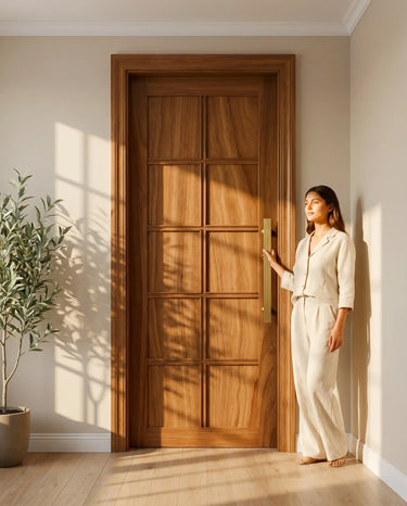 Luxury lifestyle setting featuring premium wooden main gate in walnut finish, stylish wooden entrance design with modern panel detailing and elegant residential decor