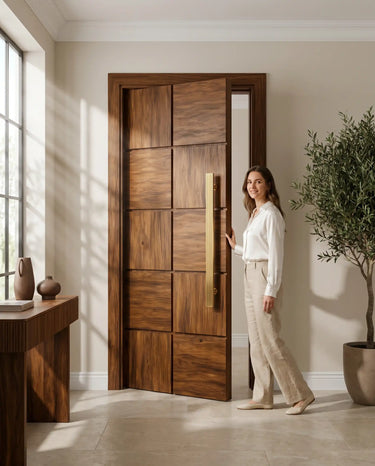 Modern residential entryway featuring a premium walnut ten-panel solid wood main door with a sleek vertical pull handle and elegant contemporary interior styling
