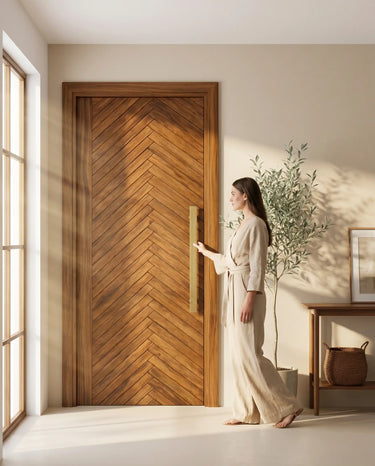 Modern residential entryway featuring a premium walnut herringbone solid wood main door with a long ribbed pull handle and elegant contemporary interior