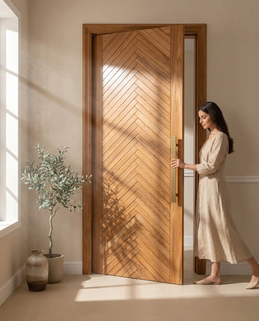 Luxury home entrance with premium herringbone wooden main gate, natural teak finish door design, modern residential interior and sophisticated contemporary aesthetics