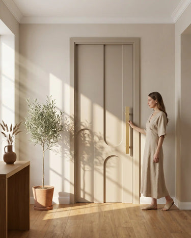 Luxury home entrance showcasing premium solid wood main door with minimalist vertical arched groove design, warm beige finish entrance door for modern residential interiors
