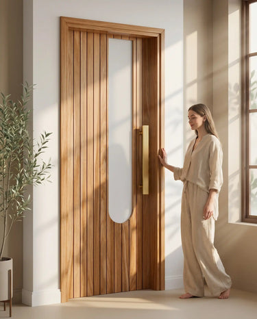 Luxury lifestyle setting featuring premium wooden main door with vertical slat detailing and elegant glass insert, contemporary residential entrance design
