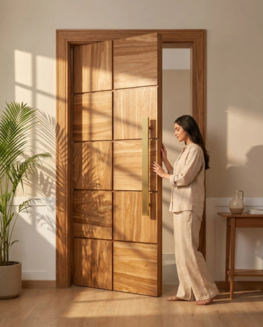 Detailed pencil sketch of a modern checkerboard wooden main door with alternating wood grain direction, deep recessed rectangular panels, and a tall ribbed vertical pull handle