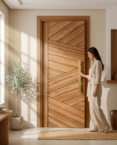 Luxury home entrance showcasing premium solid wood main door with chevron plank panel design, natural teak finish entrance door for contemporary residential interiors