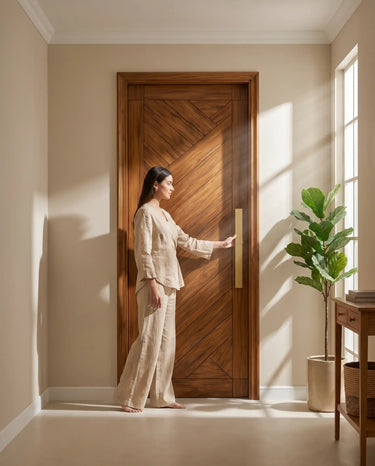 Technical line drawing close-up of a modern wooden entrance door highlighting diagonal plank detailing and a fluted vertical pull handle.