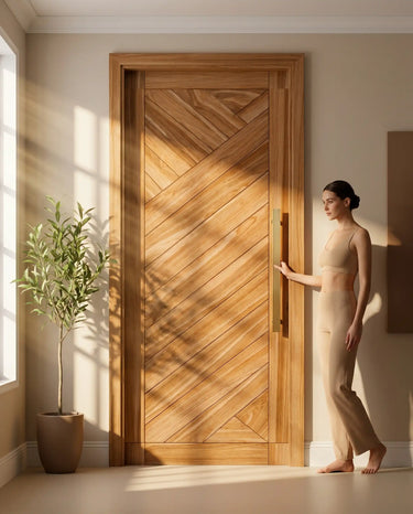 Luxury home entrance showcasing premium wooden main gate with chevron wood pattern, elegant walnut finish door design and sophisticated residential interior styling