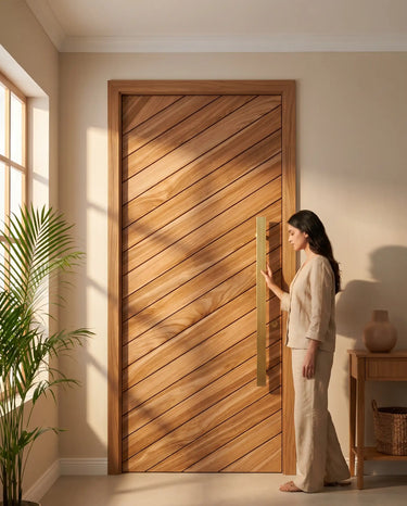Luxury home entrance featuring premium wooden main gate with diagonal slat pattern, elegant walnut finish door design and contemporary residential interior styling