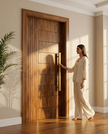 Modern solid wood entrance door with vertical slatted accent panel installed in a contemporary home interior with warm natural lighting.