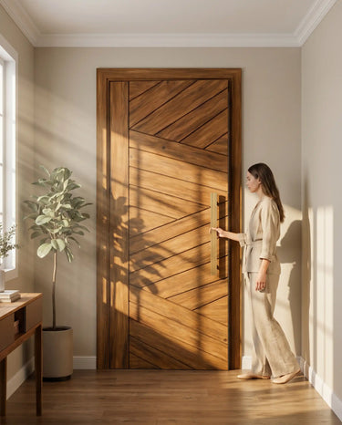 Modern walnut wooden entrance door with diagonal plank design installed in a contemporary home, featuring a long vertical pull handle and geometric chevron detailing.