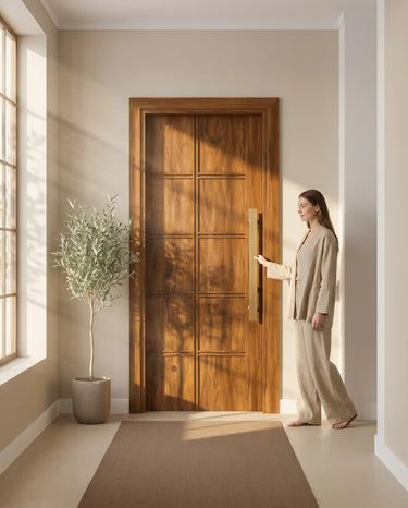 Modern walnut wooden front door with vertical panel design and decorative grooves installed in a contemporary home with a long pull handle.