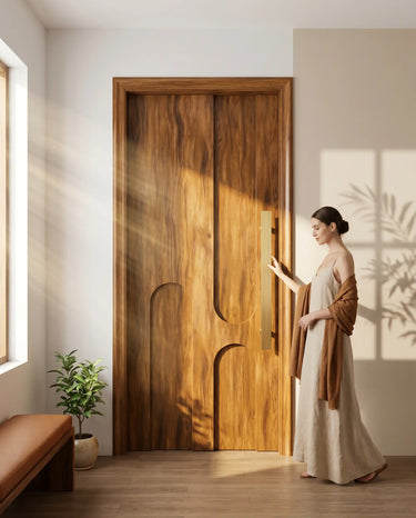 Contemporary wooden main door with geometric carved design installed in a modern home interior.