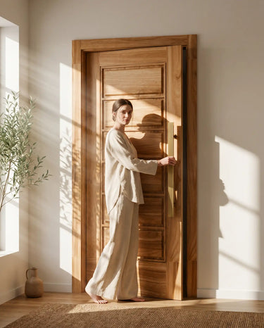 Luxury lifestyle scene featuring premium wooden main gate, elegant walnut color door design and sophisticated residential entrance decor