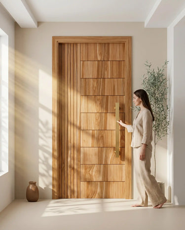 Luxury lifestyle setting featuring premium wooden main gate in walnut color finish, modern gate design for elegant home entrance and trending wooden furniture aesthetics