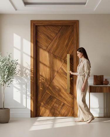 Modern walnut wood entrance door with geometric diagonal panels installed in a contemporary home interior with long vertical pull handle