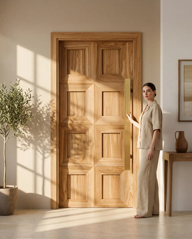 Luxury home entrance showcasing premium solid wood main door with geometric square panel design, contemporary teak finish entrance door for elegant residential interiors