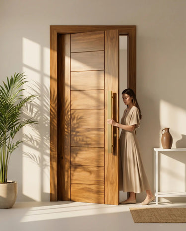 Modern walnut wood entrance door with horizontal panel design installed in a contemporary home with a long vertical pull handle.