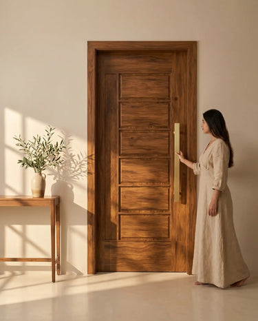Luxury home entrance showcasing premium solid wood main door with asymmetrical six-panel design, rich walnut finish and elegant brass pull handle for contemporary residential interiors