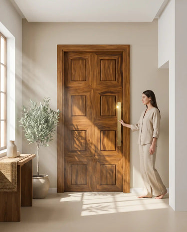 Modern residential entryway featuring a premium walnut eight-panel solid wood main door with elegant natural grain and warm contemporary interior styling