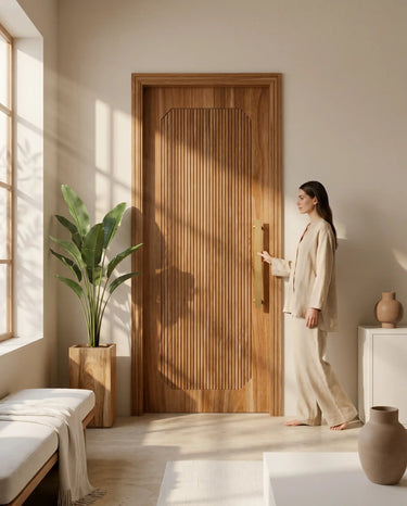 Luxury lifestyle setting featuring premium wooden ribbed main gate in walnut finish, elegant modern entrance design with sophisticated residential decor
