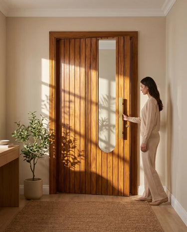 odern residential entryway featuring a premium walnut slatted solid wood main door with a tall rounded-bottom glass insert and contemporary brass pull handle