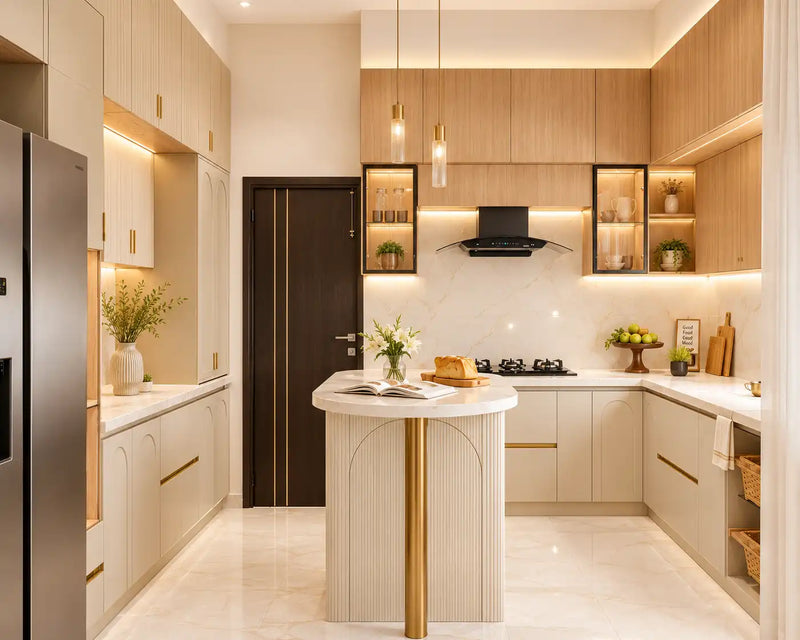 Modern kitchen with wooden cabinets, island, and stainless steel appliances.