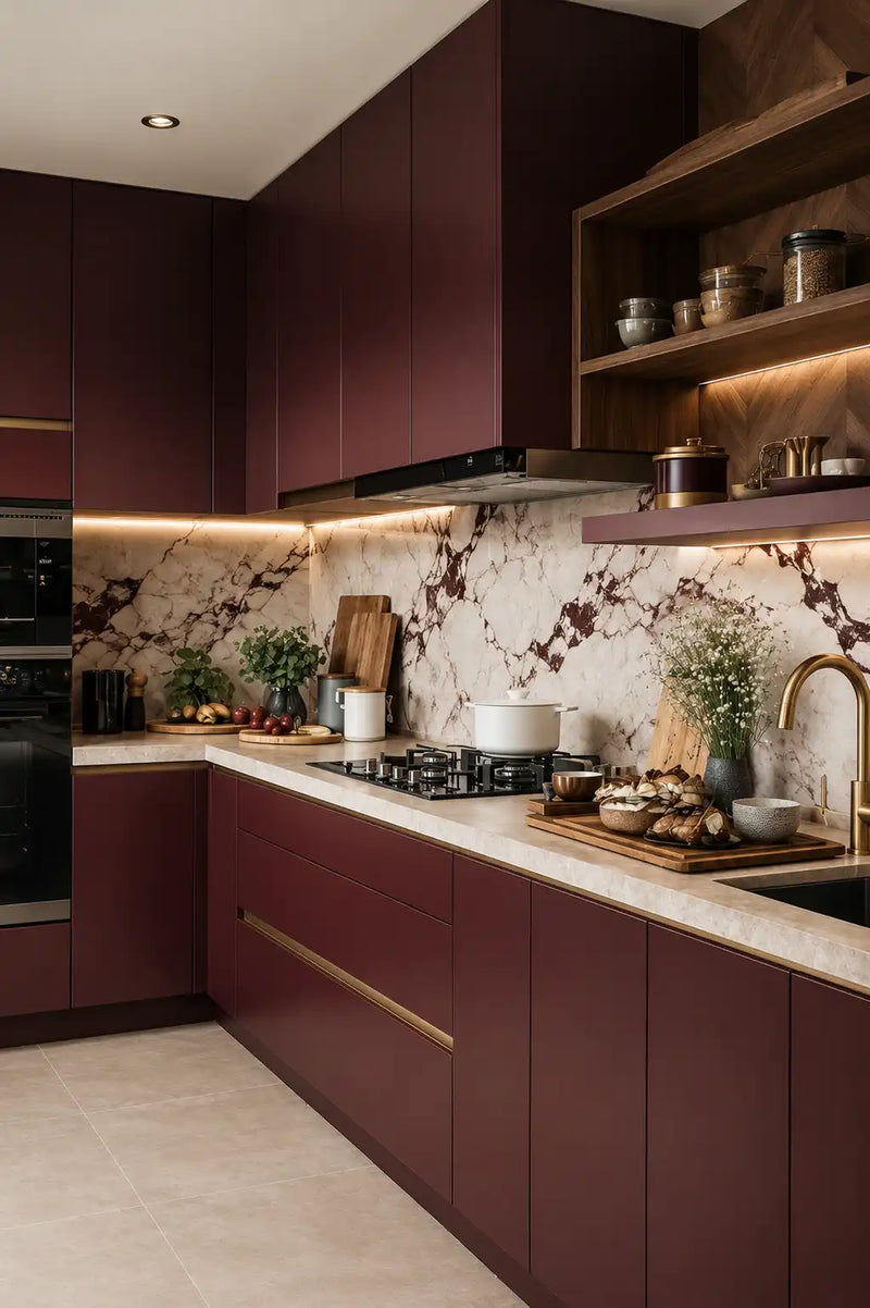 Modern kitchen with maroon cabinets, marble backsplash, and stainless steel appliances.