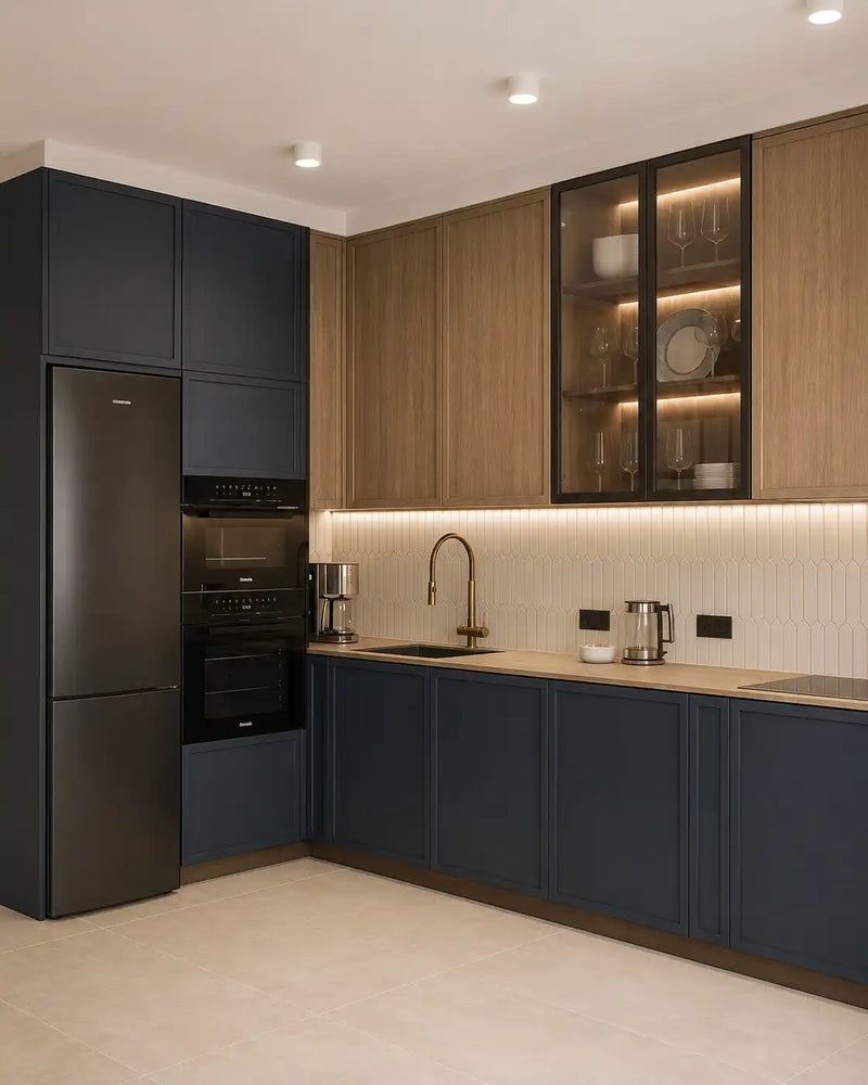 Modern kitchen with black and wood cabinets, stainless steel appliances, and a white backsplash.