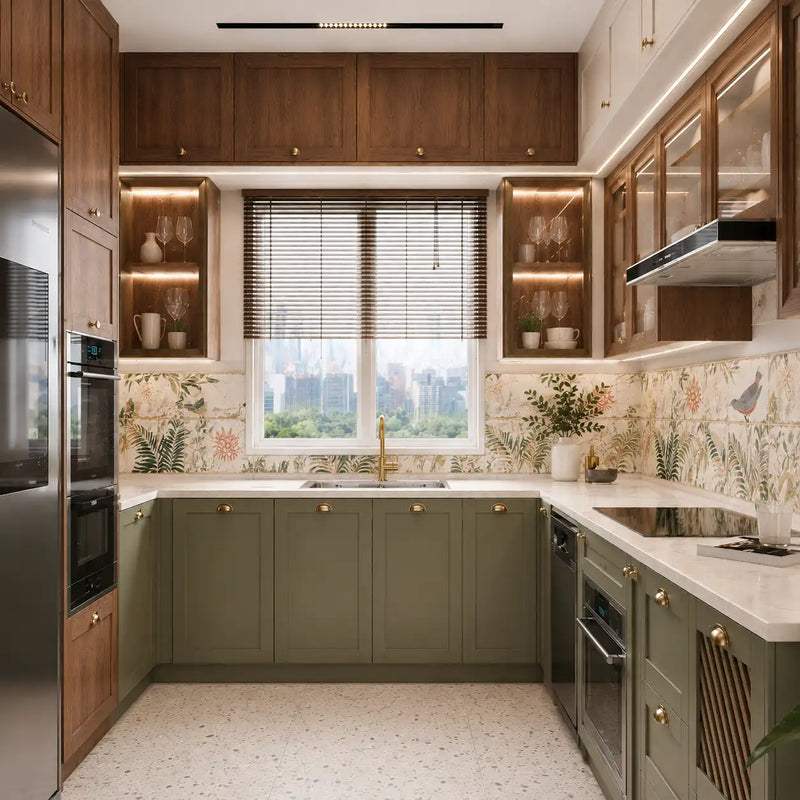 Modern kitchen with wooden and green cabinets, stainless steel appliances, and a window view.