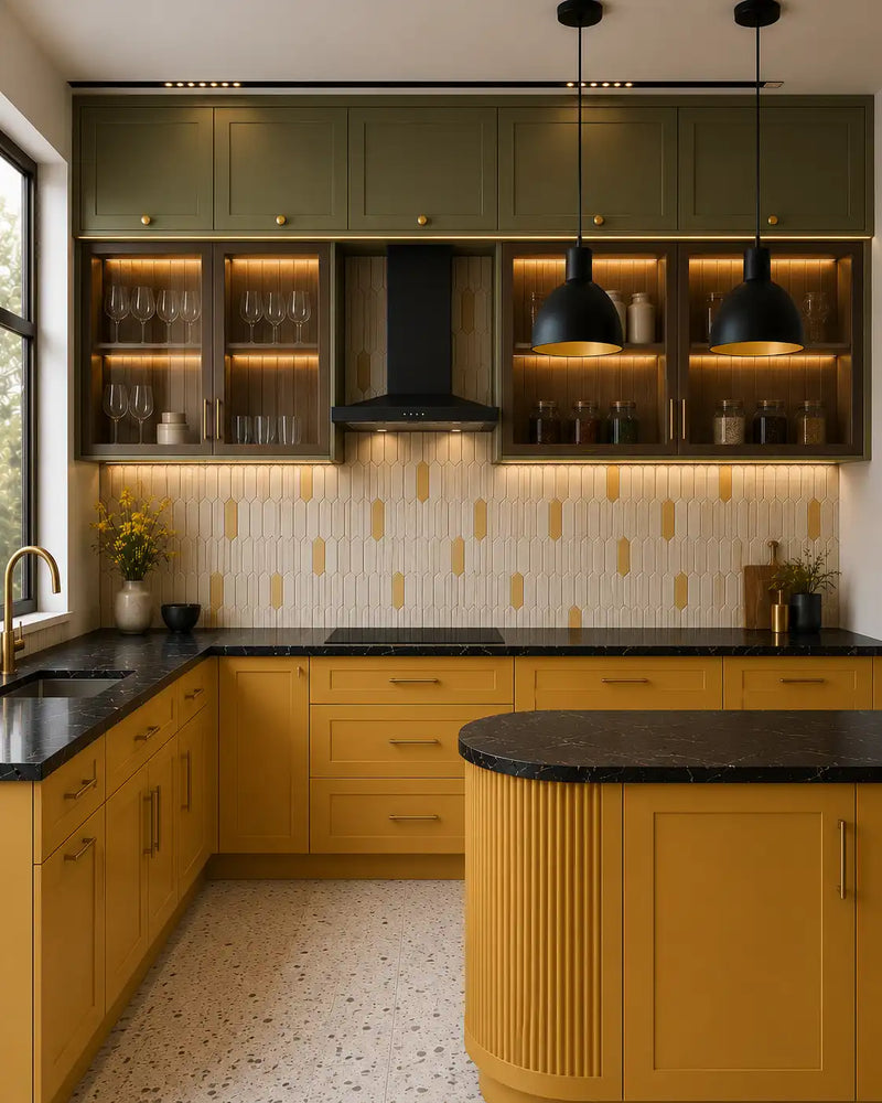 Modern kitchen with yellow cabinets, black countertops, and pendant lights.