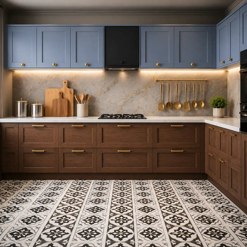 Modern kitchen with blue and brown cabinets, marble countertop, and patterned floor.