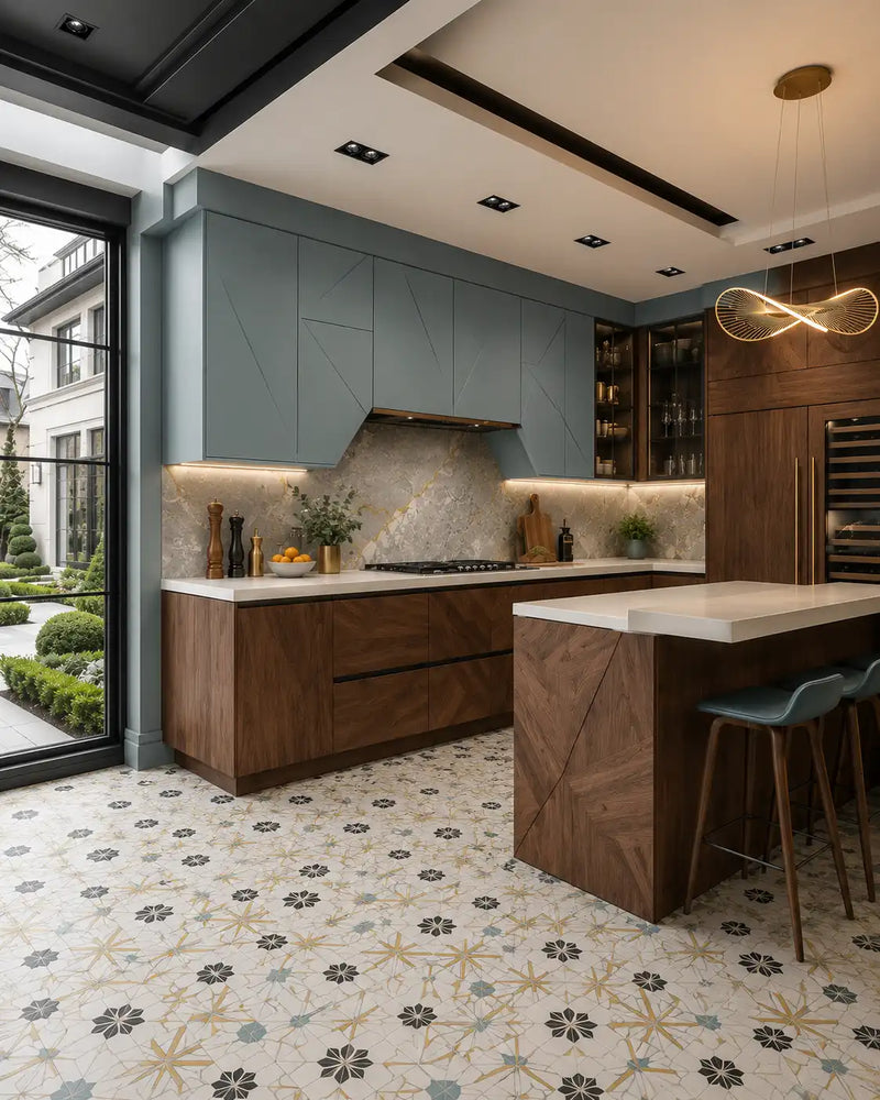 Modern kitchen with wooden cabinets, island, and decorative ceiling lights.