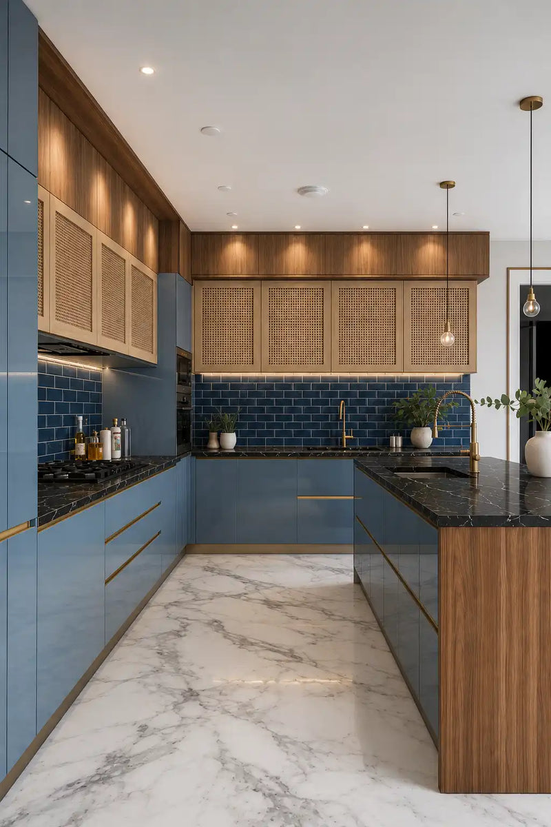 Modern kitchen with blue cabinets, marble floor, and wooden accents.