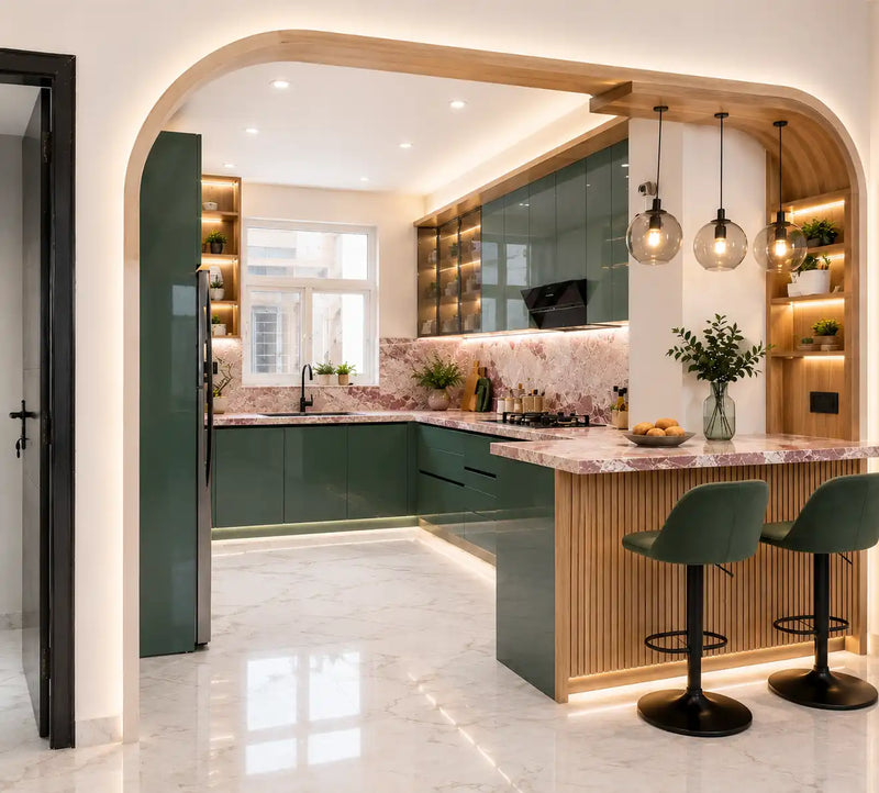 Modern kitchen with green cabinetry, marble countertops, and pendant lights.