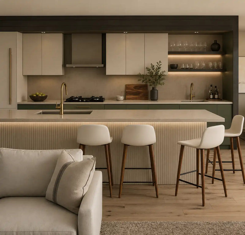 Modern kitchen with island, stools, and a sofa in a living area.