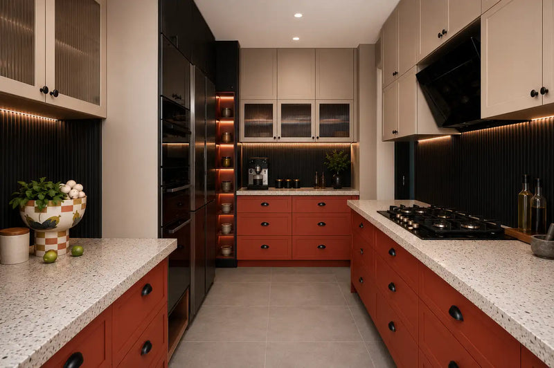 Modern kitchen with red cabinets, granite countertops, and stainless steel appliances.