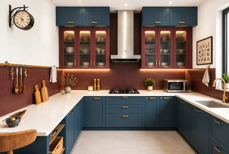 Modern kitchen with blue cabinets, white countertops, and stainless steel appliances.