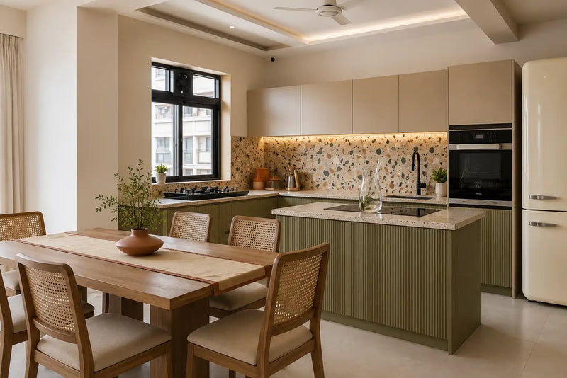 Modern kitchen with dining area featuring a wooden table and chairs.