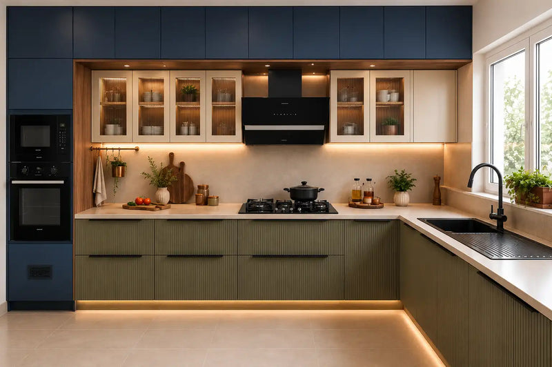 Modern kitchen with blue and green cabinets, black appliances, and white countertops.