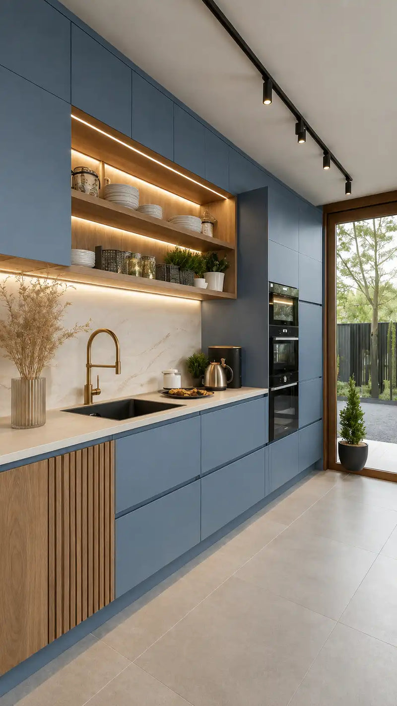 Modern kitchen with blue cabinets, wooden accents, and a view of greenery outside.