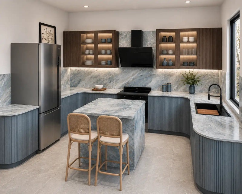 Modern kitchen with stainless steel appliances, marble countertops, and wooden cabinets.