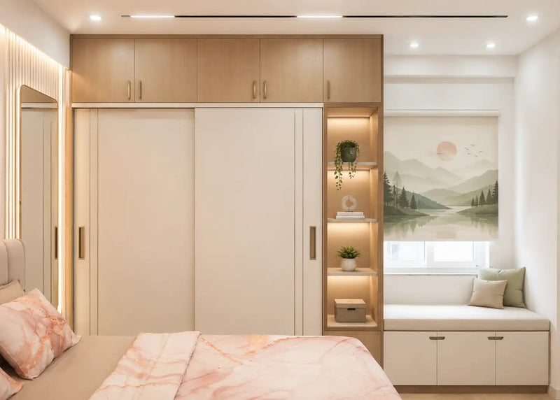 Modern bedroom with wooden wardrobe, seating area, and wall art.